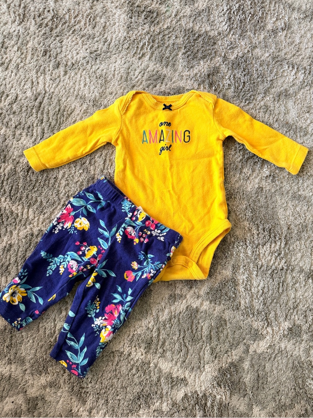 Yellow "One Amazing Girl" Long Sleeve Bodysuit with Navy Floral Pants